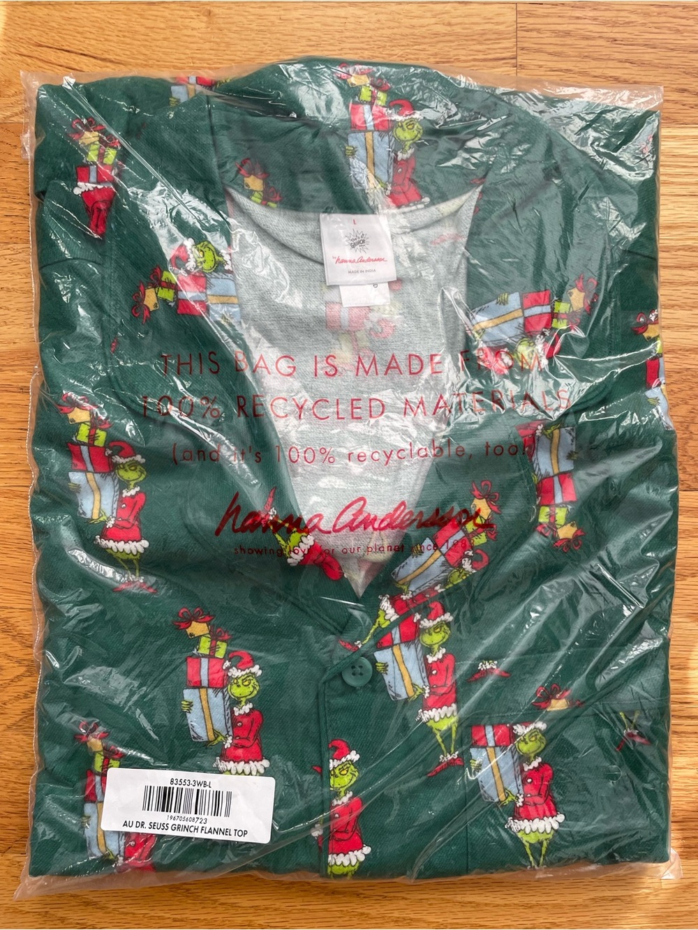 Hanna Andersson Adult Dr. Seuss Grinch Flannel Pajama Top UNISEX